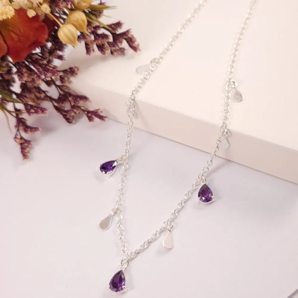 Colar Choker Prata com Pingentes de Gota Violeta - Prata 925