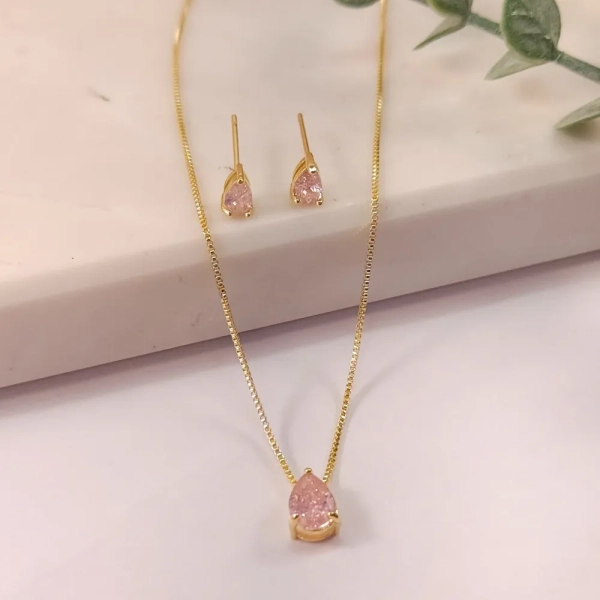 Conjunto Gota Rosa Fusion - Banhado a ouro 18k