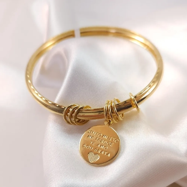 Bracelete Liso com Medalha Oponopono - Banhado a ouro 18k