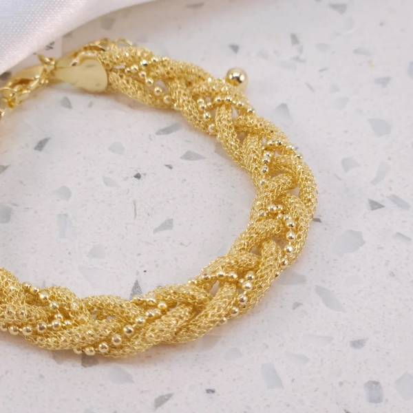 Pulseira Trançada Cordão Vasado e Fio Bolinhas, Banhado a ouro 18k