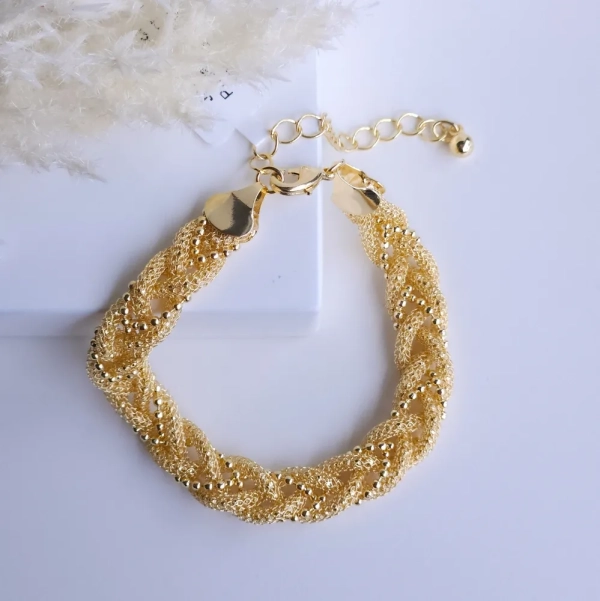 Pulseira Trançada Cordão Vasado e Fio Bolinhas, Banhado a ouro 18k - Imagem 2