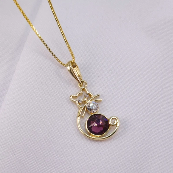 Colar gato vasado, com pedra roxa, folheado a ouro 18k - Imagem 2