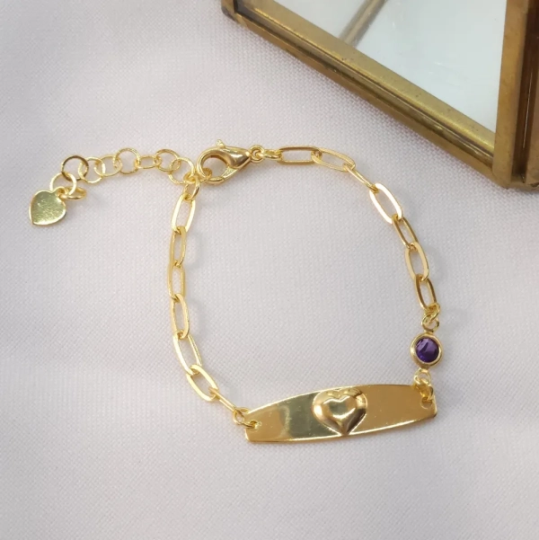 Pulseira Infantil com Plaquinha e Coração em Relevo, Banhado a ouro 18k
