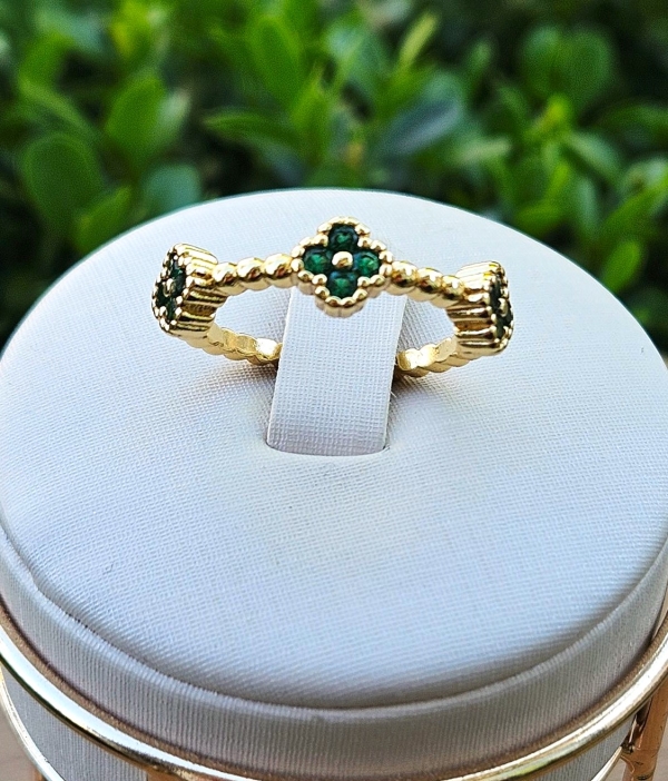 Anel Três Trevos Verdes Inspiração, Aberto - Banhado a ouro 18K - Imagem 2