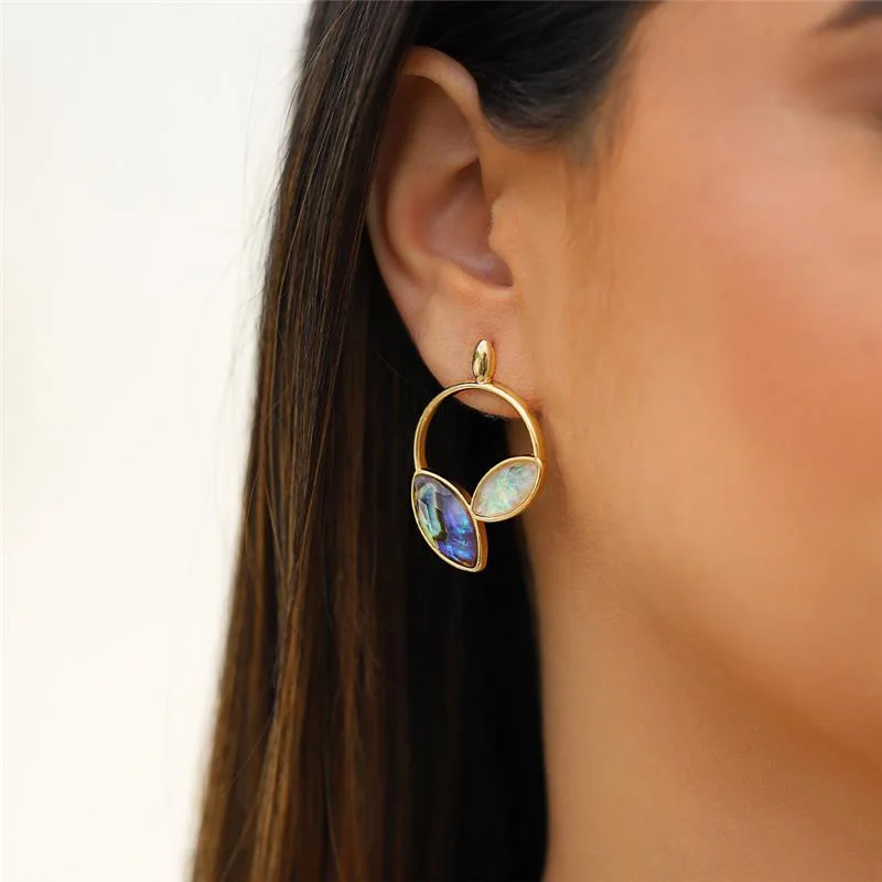 Conjunto Elegante Pedras Naturais Navetes com Abalone/Nautilus - Banhado a Ouro 18k - Imagem 5