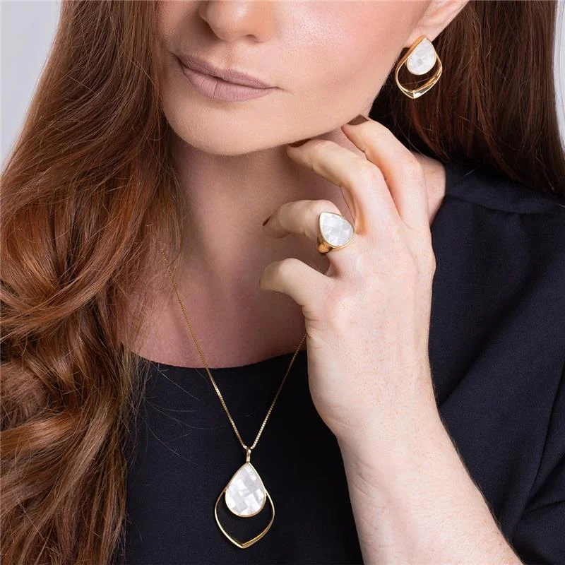 Conjunto Gotas em Pedras Naturais/Mosaico de Madrepérolas - Banhado a Ouro 18k - Imagem 4