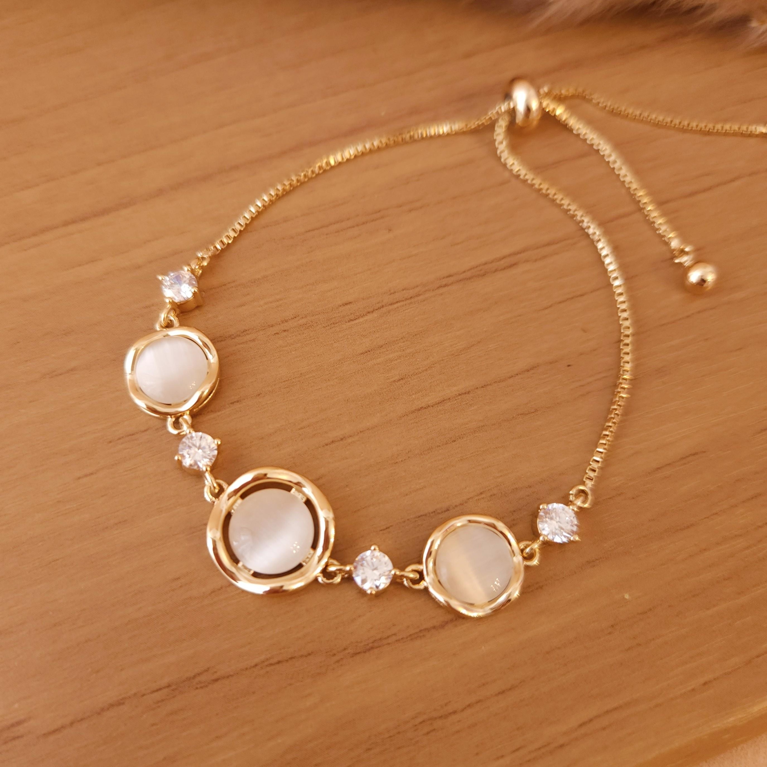 Pulseira Gravatinha Ajustável Pedras Olho de Gato - Banhada de Ouro 18k