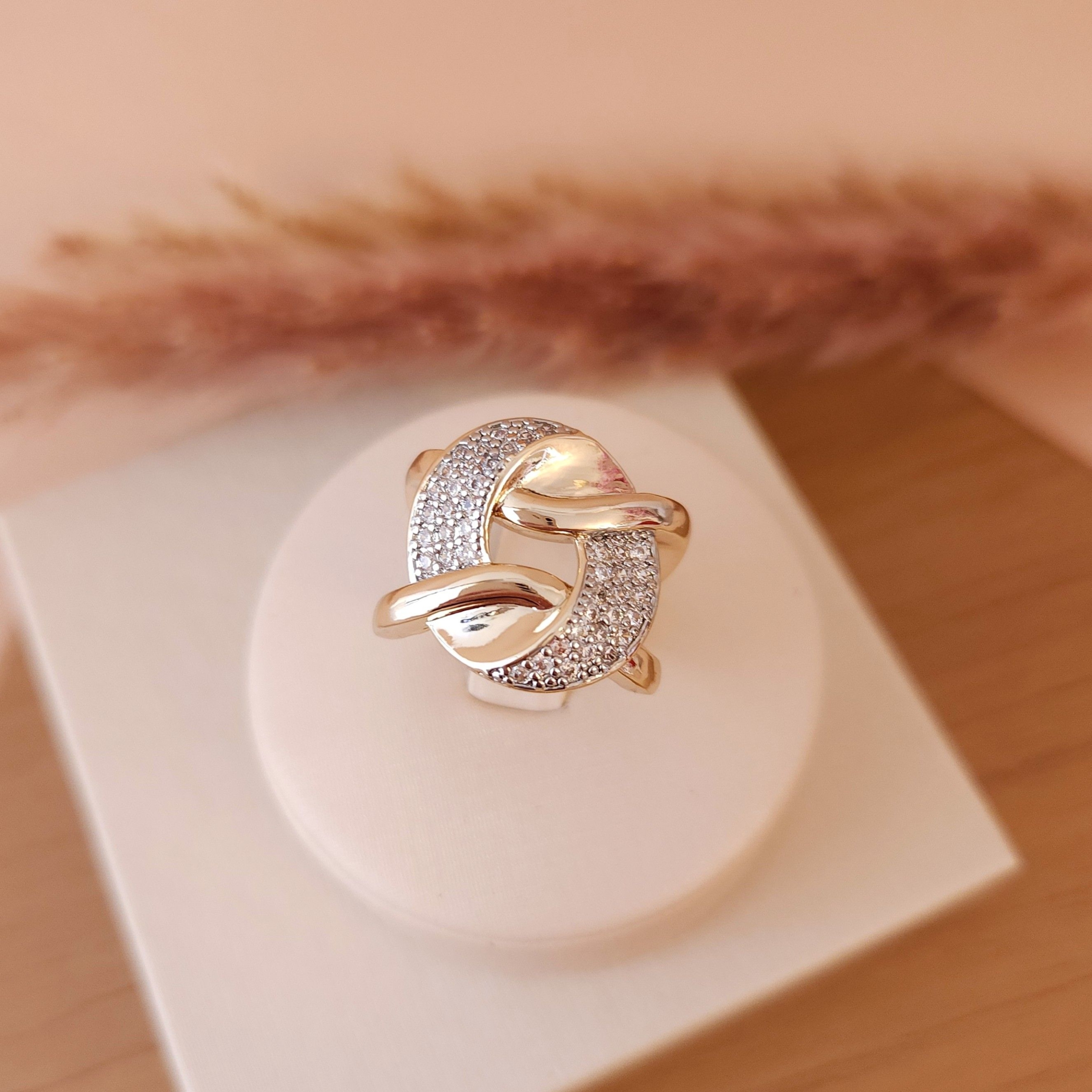 Anel Orgânico Círculo Cravejado e fios lisos - Banhado a Ouro 18k