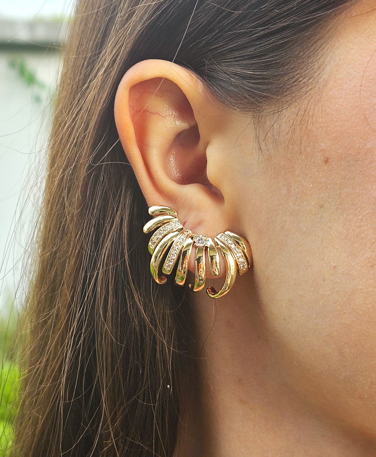 Brinco Ear Cuff Fios Lisos e Cravejados - Banhado a Ouro 18k - Imagem 4