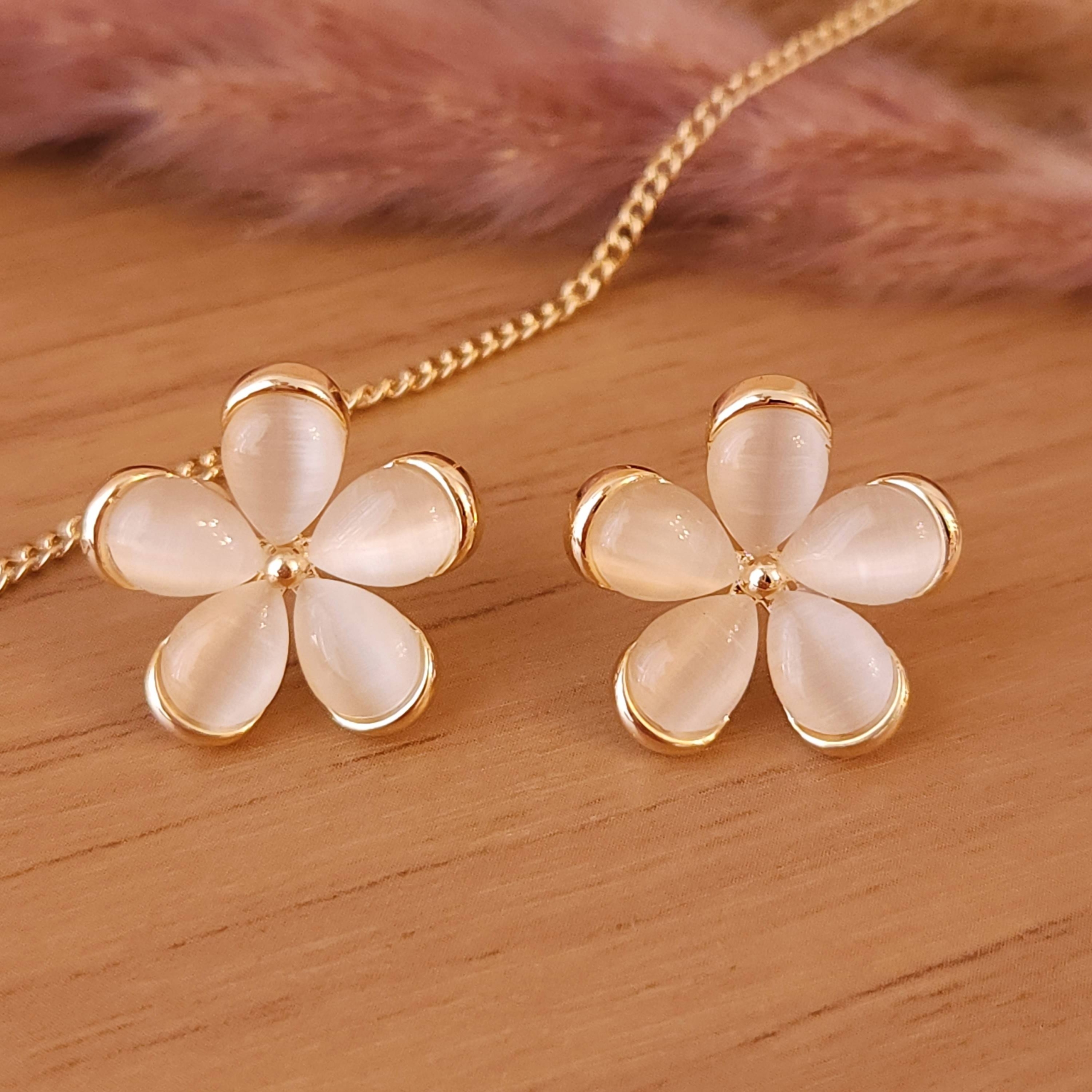 Conjunto Colar e Brinco Flor com Pedras Olho de Gato - Banhado a Ouro 18K - Imagem 3