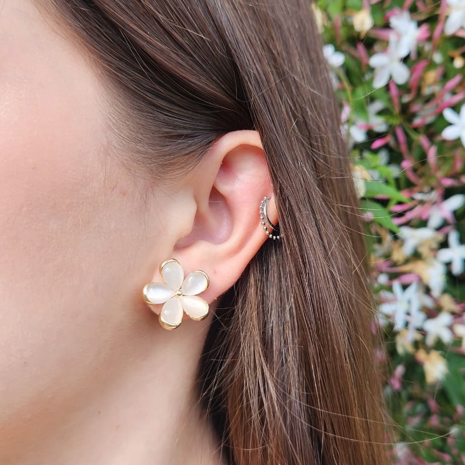 Conjunto Colar e Brinco Flor com Pedras Olho de Gato - Banhado a Ouro 18K - Imagem 5