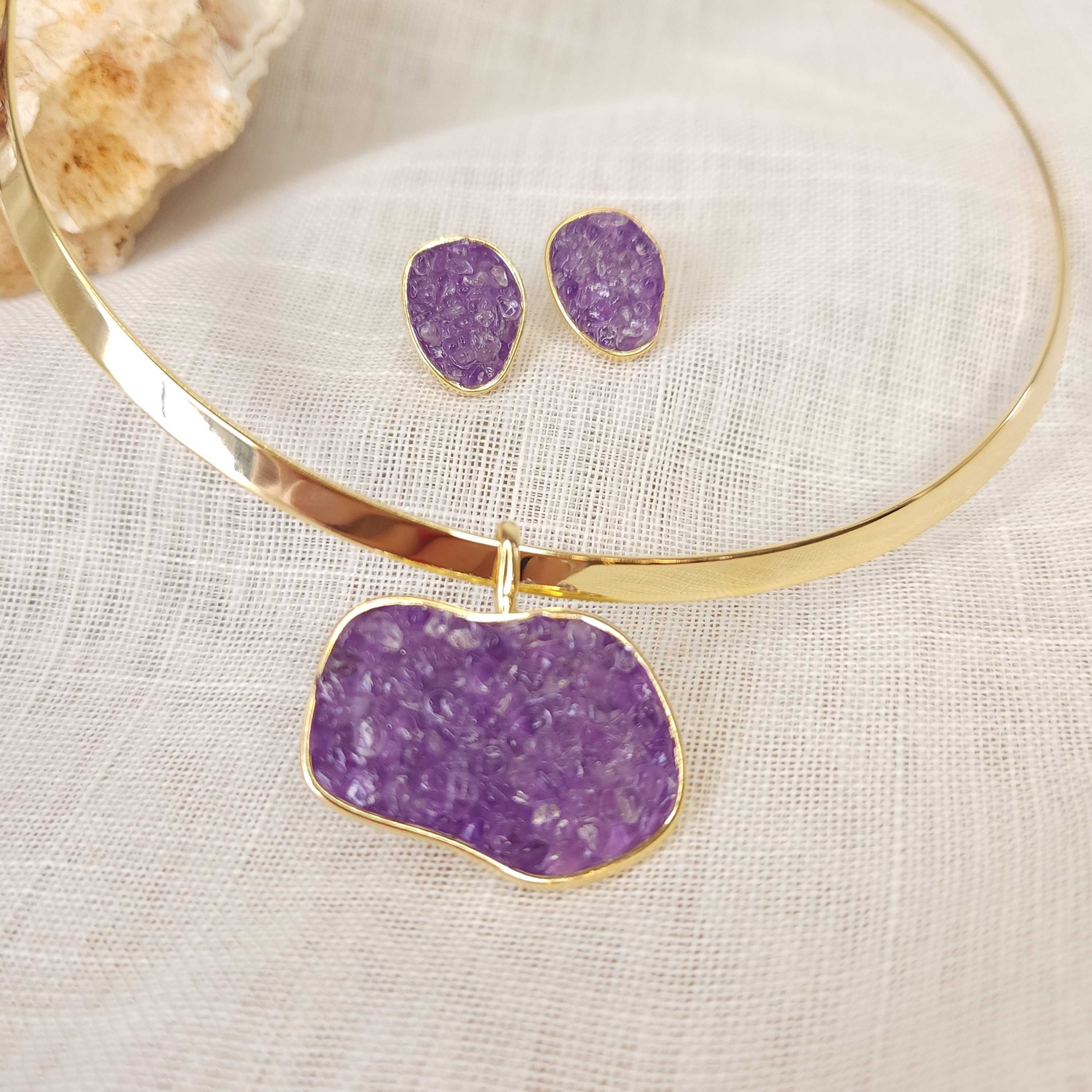 Conjunto Choker com Pingente e Brincos Formato Ondulado - Fragmentos/Ametista - Imagem 2