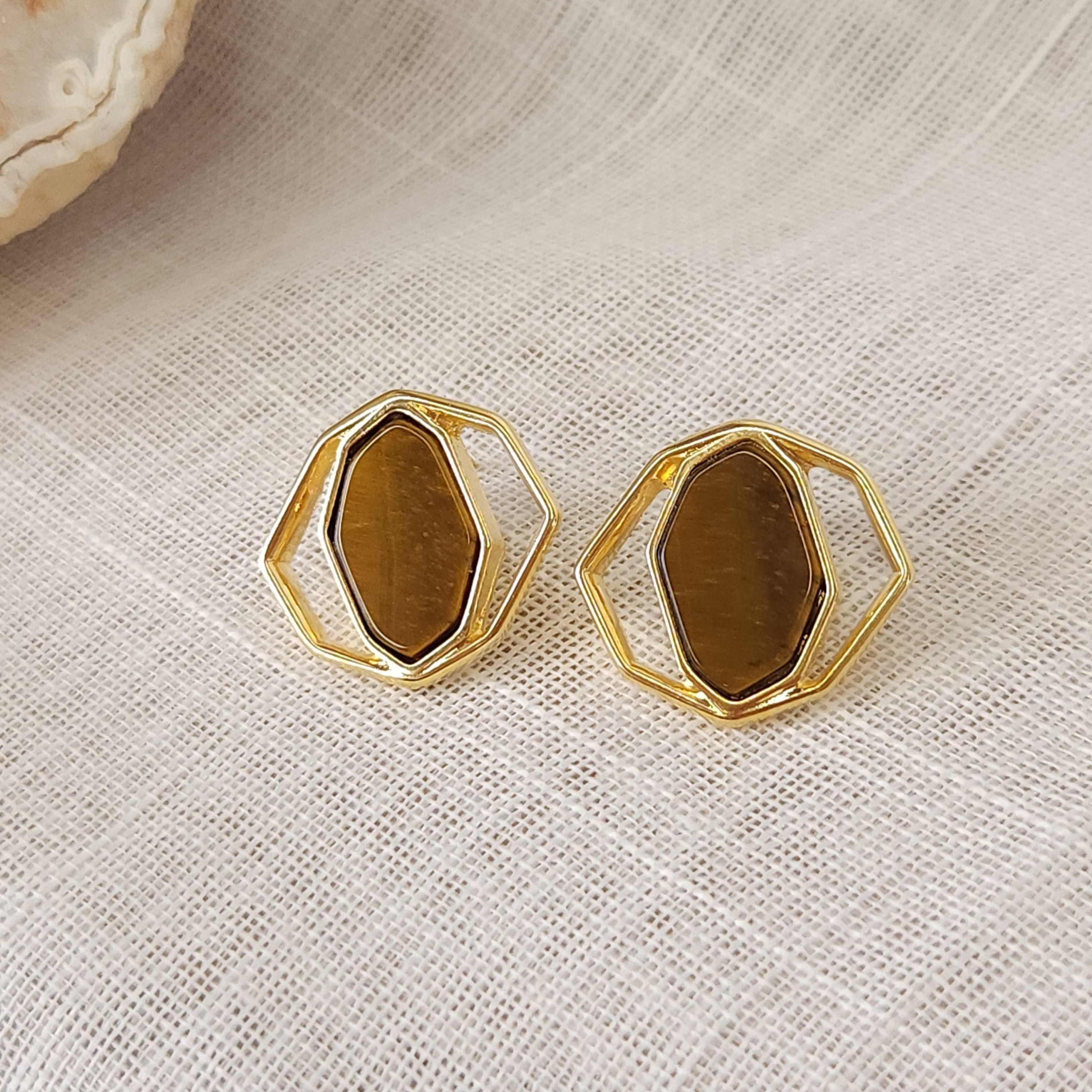 Brinco Geométrico de Pedra Natural Olho de Tigre - Banhado a Ouro 18k