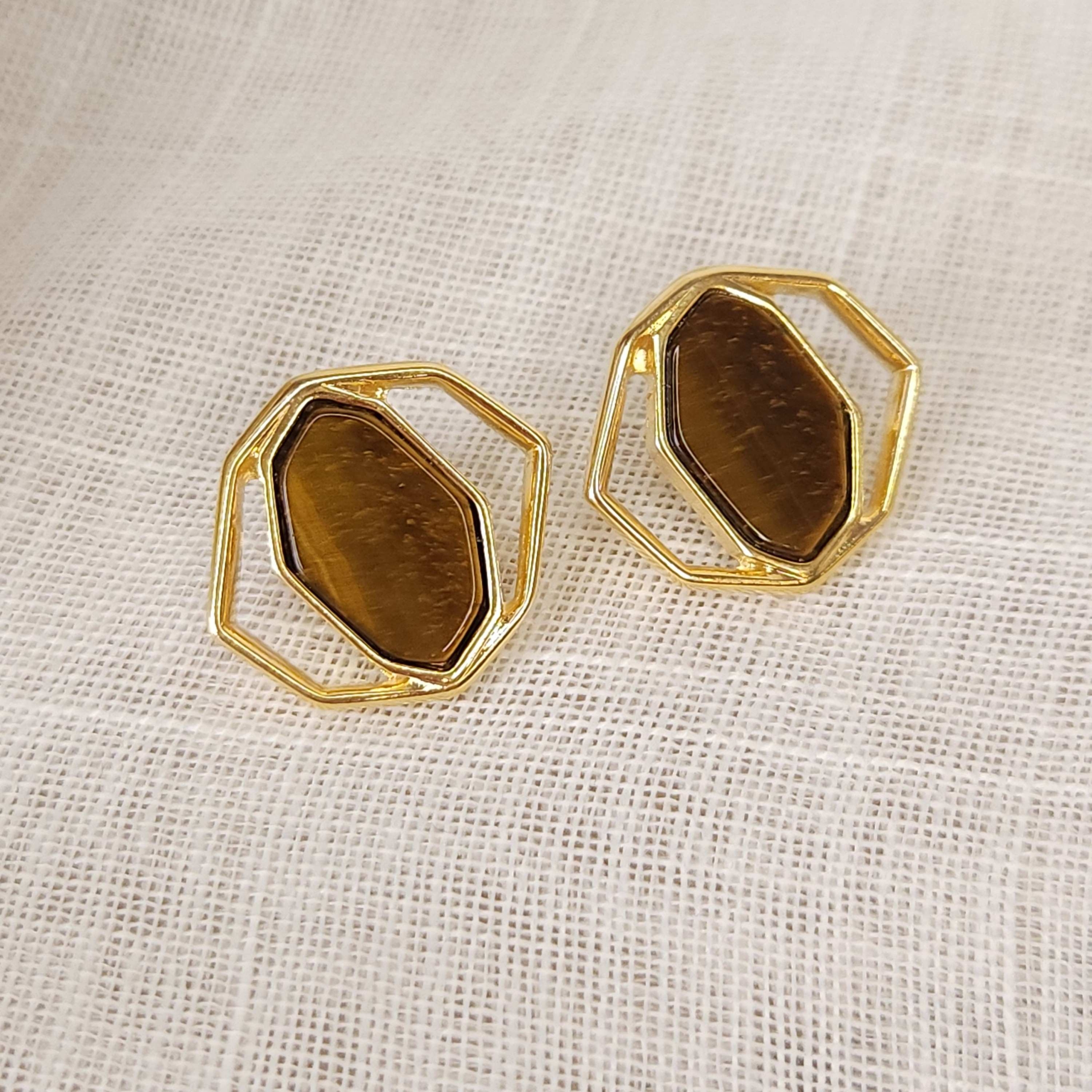 Brinco Geométrico de Pedra Natural Olho de Tigre - Banhado a Ouro 18k - Imagem 2