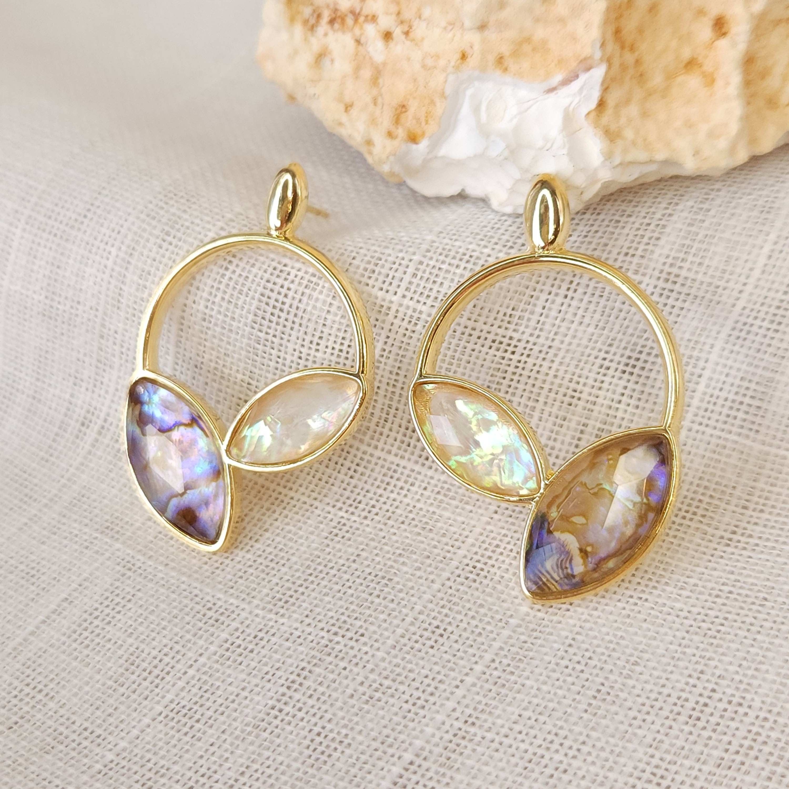 Conjunto Elegante Pedras Naturais Navetes com Abalone/Nautilus - Banhado a Ouro 18k - Imagem 2