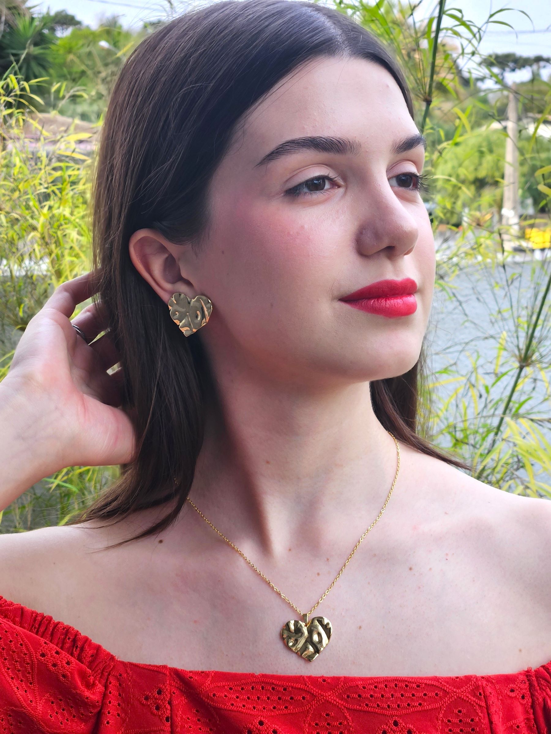 Conjunto Corações Trabalhados Orgânico - Banhado a Ouro 18k - Imagem 3