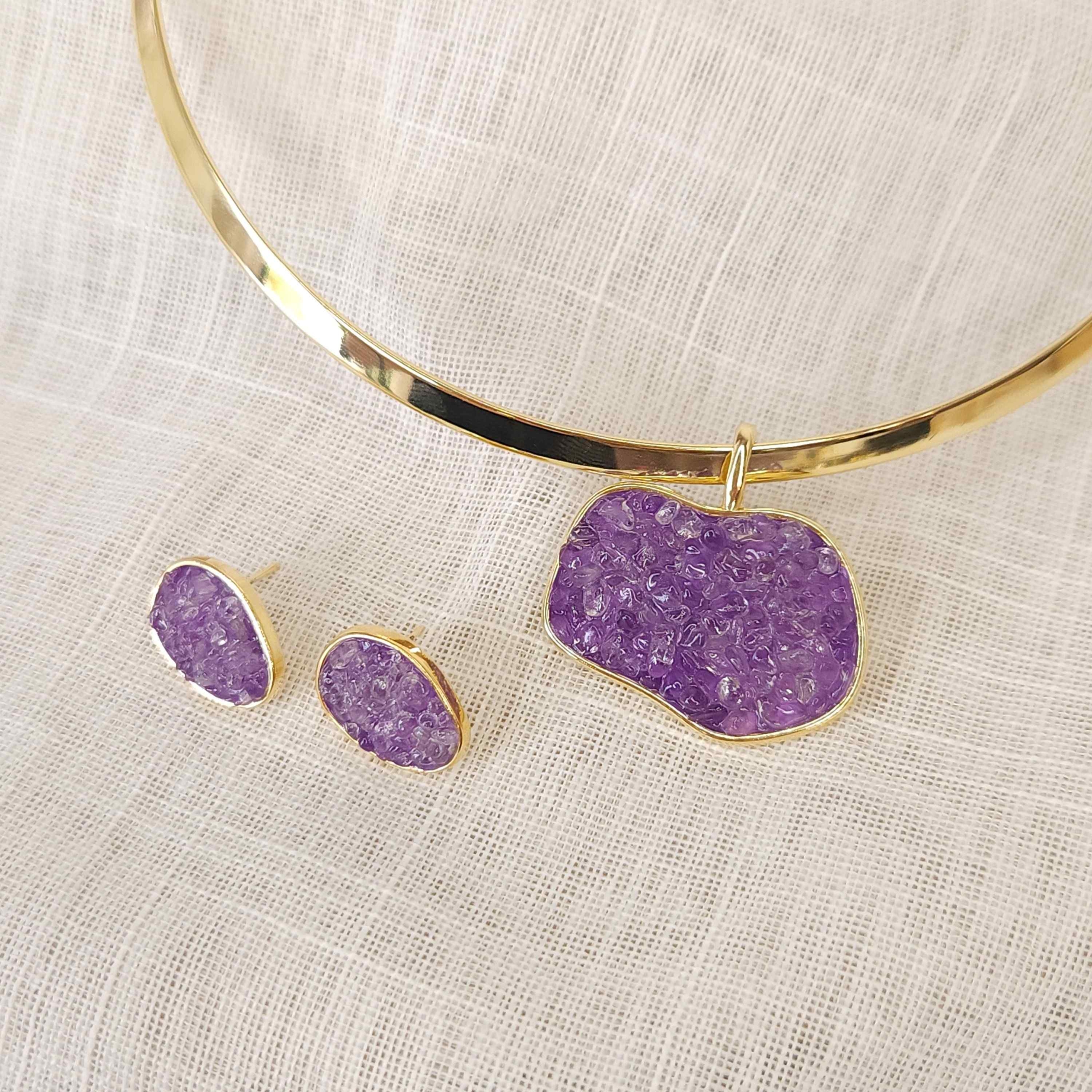 Conjunto Choker com Pingente e Brincos Formato Ondulado - Fragmentos/Ametista - Imagem 3