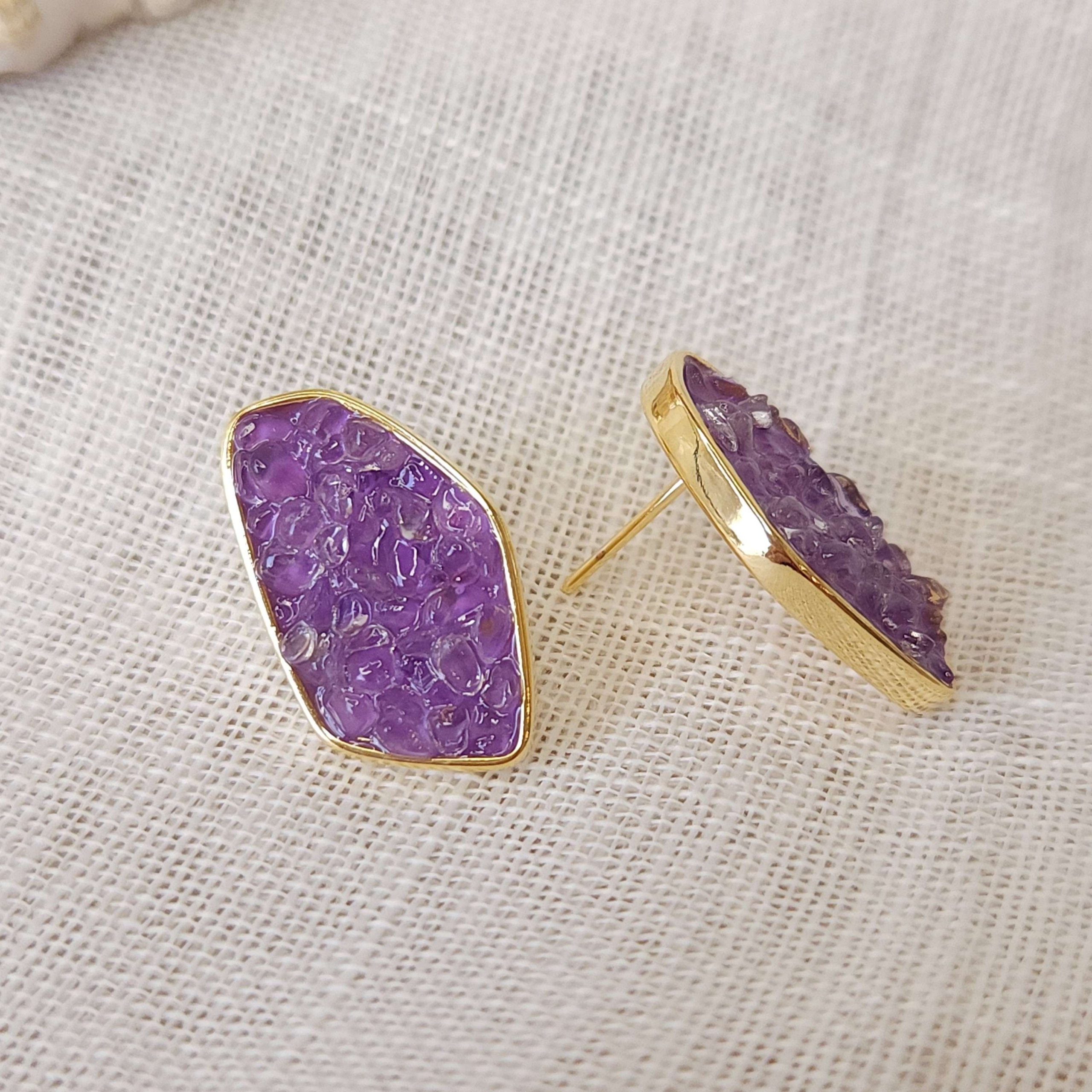 Brinco Pedra Natural Ametista - Banhado a Ouro 18k - Imagem 2