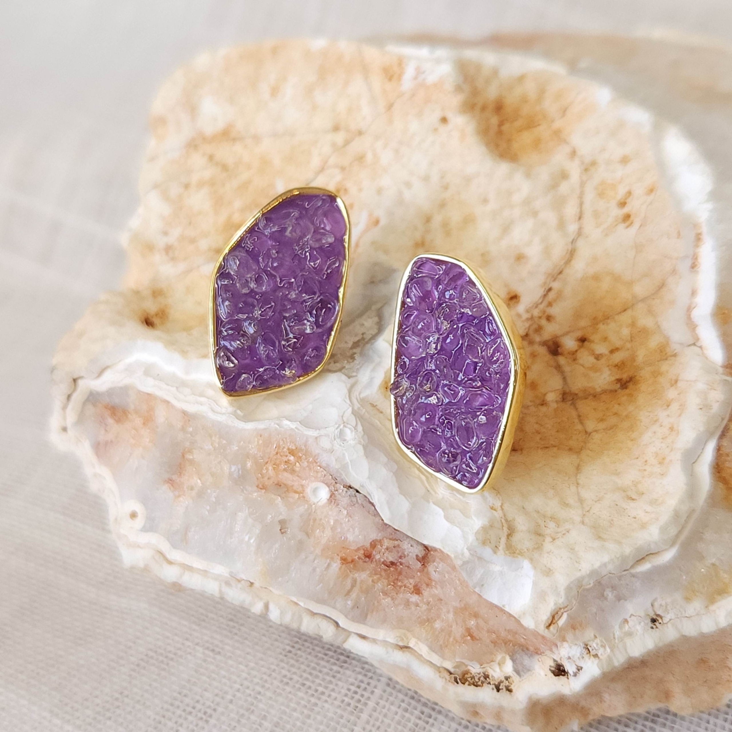 Brinco Pedra Natural Ametista - Banhado a Ouro 18k - Imagem 3