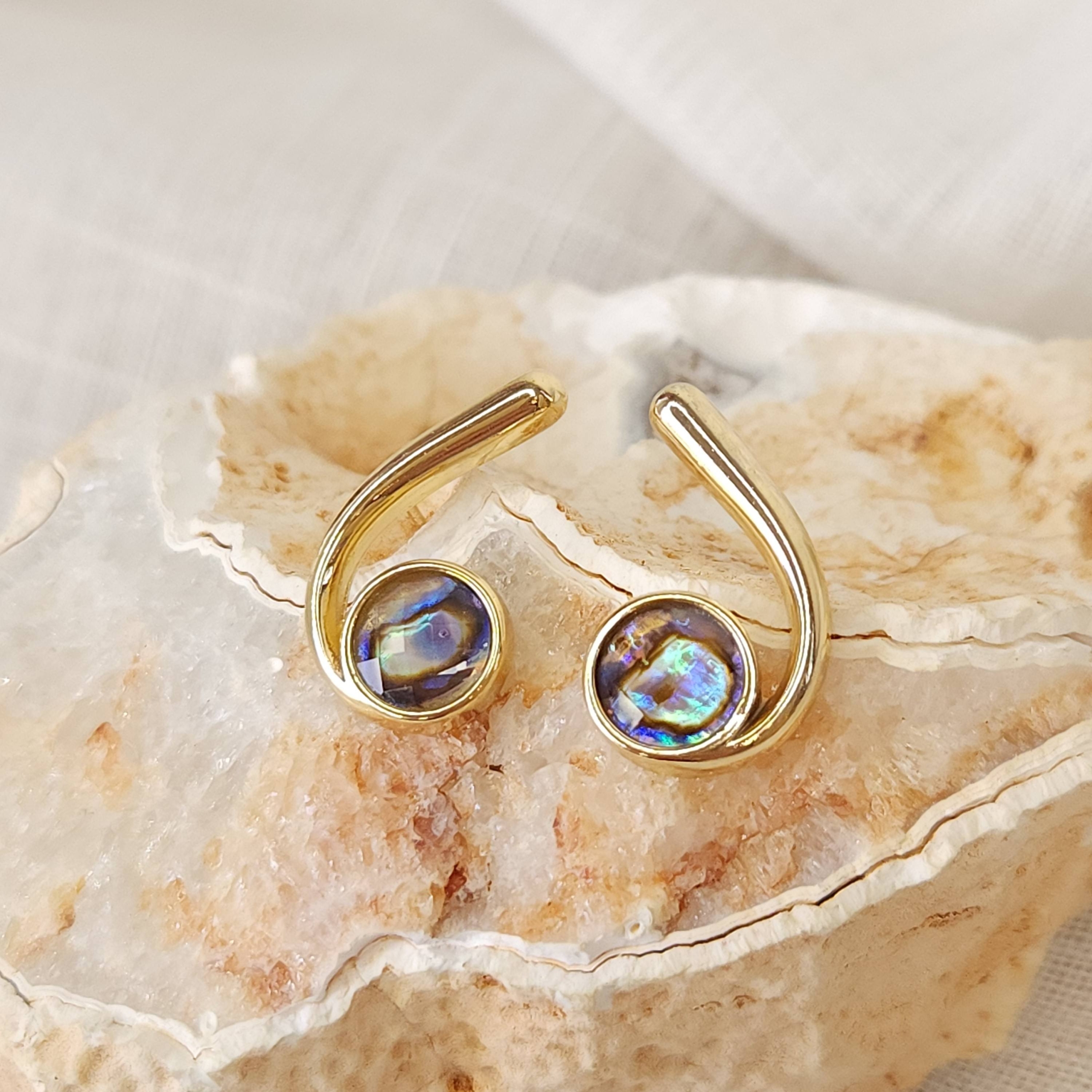 Brinco Pedra Natural Abalone e Fio Onda - Banhado a Ouro 18k