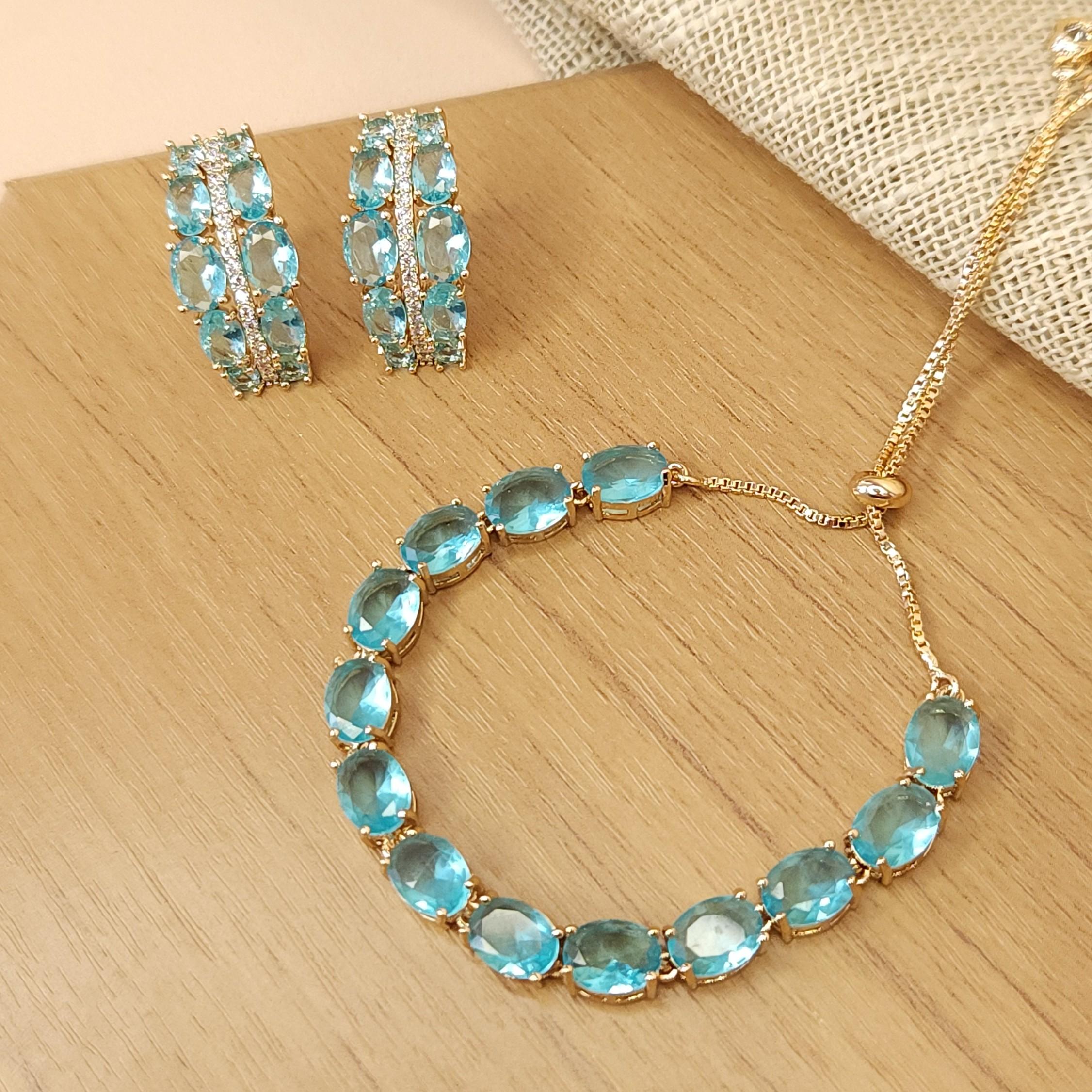 Conjunto Pulseira Gravatinha e Brinco Pedras Fusion Azuis - Banhado a Ouro 18k