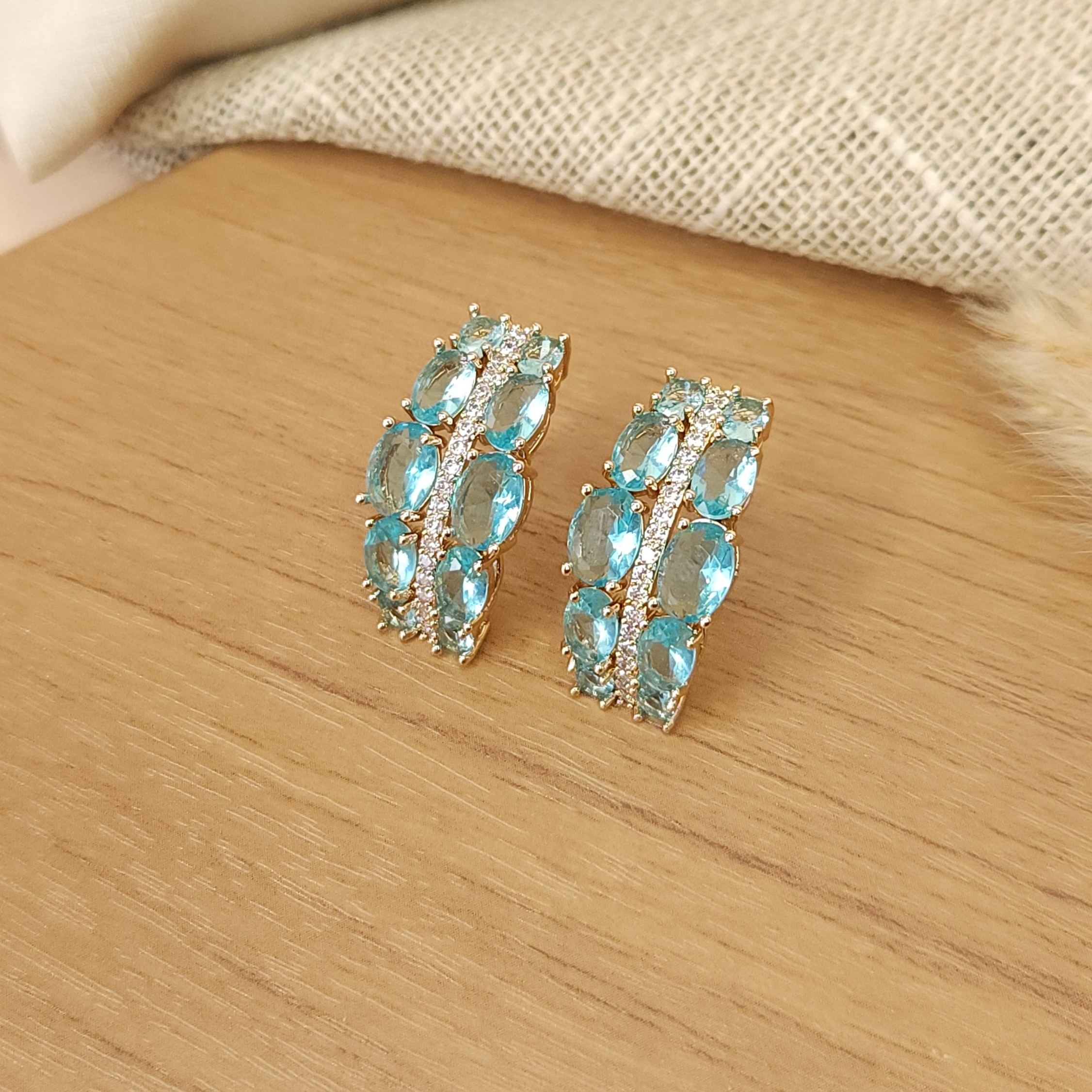 Conjunto Pulseira Gravatinha e Brinco Pedras Fusion Azuis - Banhado a Ouro 18k - Imagem 2